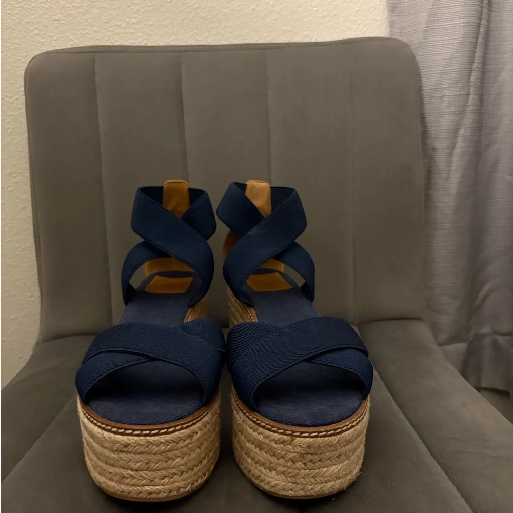 Tory Burch Navy Espadrille Wedge Sandals